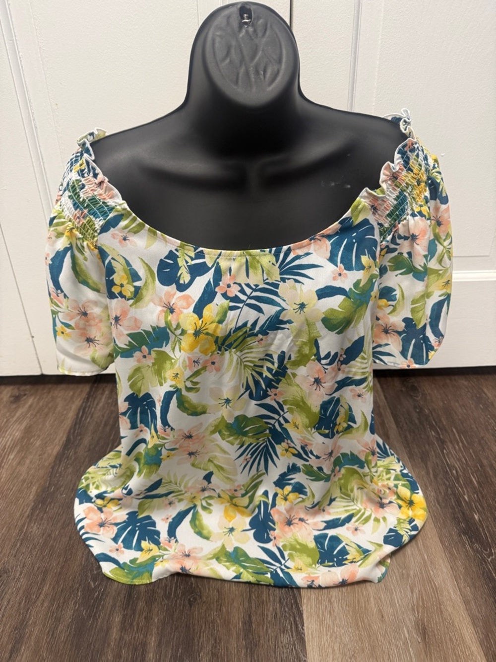 Pleione Floral Off-Shoulder Tunic in Blue, Green & Peach